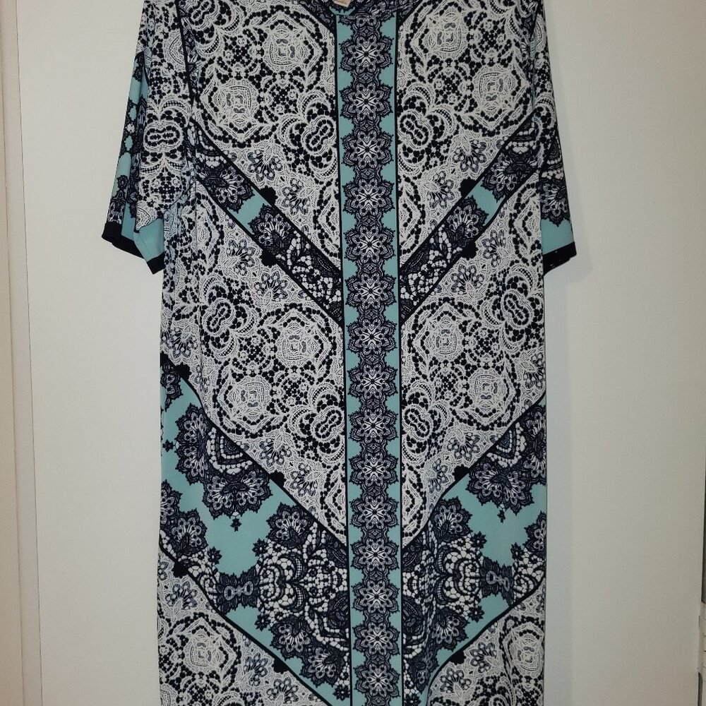 Dress Barn Blue/White Stencil Print Dress, Size 14
